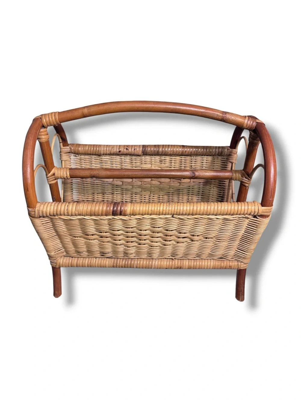 VINTAGE Bamboo Wicker Rattan Woven Magazine Holder Heart End Details